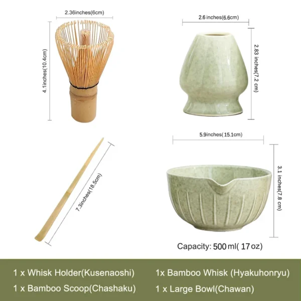 Matcha Set 500ml Green include1 Chawan (ceramic bowl)1 Chasen (bamboo whisk) 1 Naoshi (ceramic chasen holder) and 1 Chashaku (bamboo spoon） - Image 3