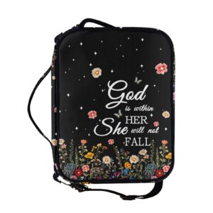 Bible Cover for Women, Bible Holder, God is Within Her She Will Not Fall, Zipper and Bags for Standard Size Bible, Gift for Women (Black)